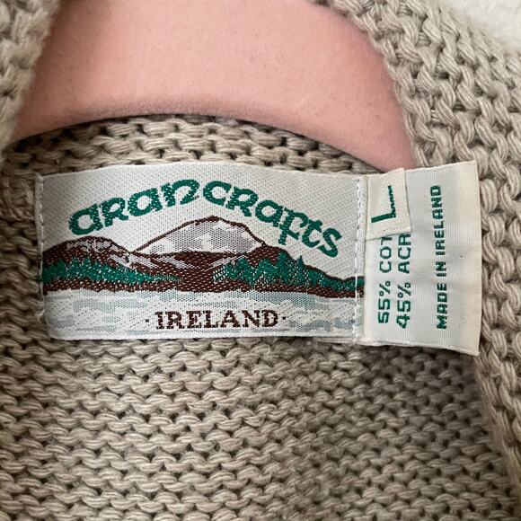 Aran‎ Crafts Ireland Cardigan Womens Large Tan Knit Eyelet Fisherman Sweater - Picture 11 of 13
